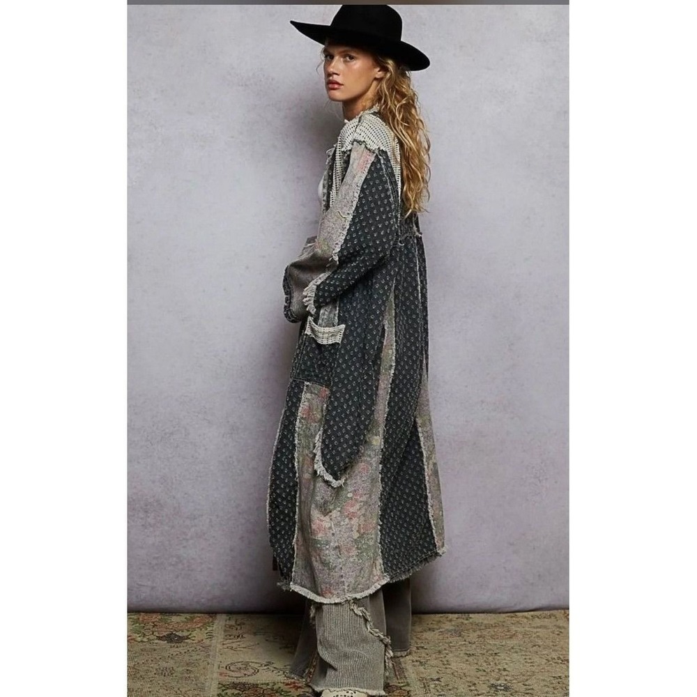 POL Charcoal Eyelet Floral Patchwork Lace Long Jacket PTP: 25 - Picture 2 of 3